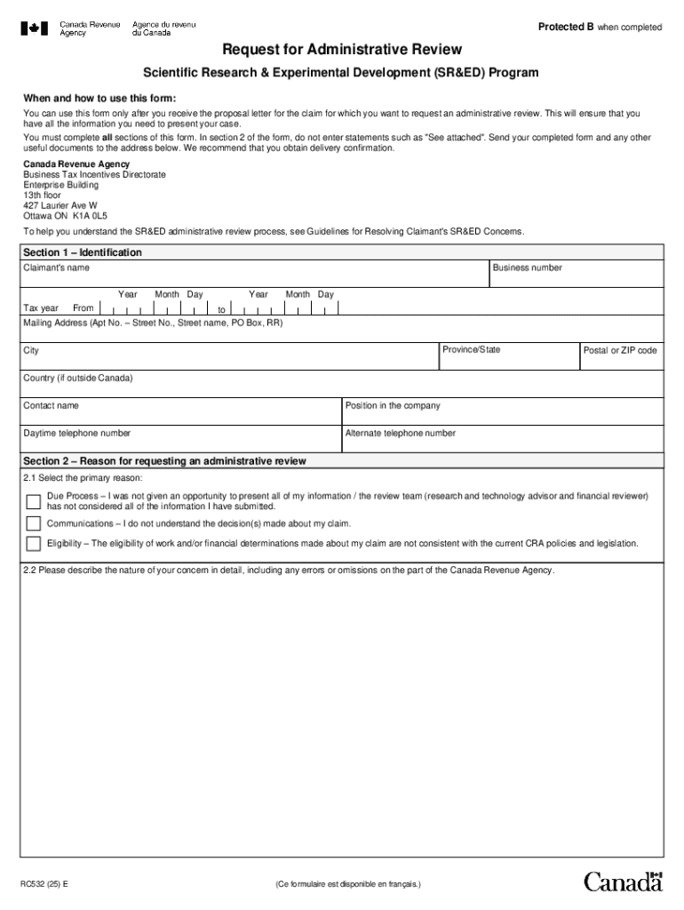 Request for Administrative Review SR&amp;ED Program  Form