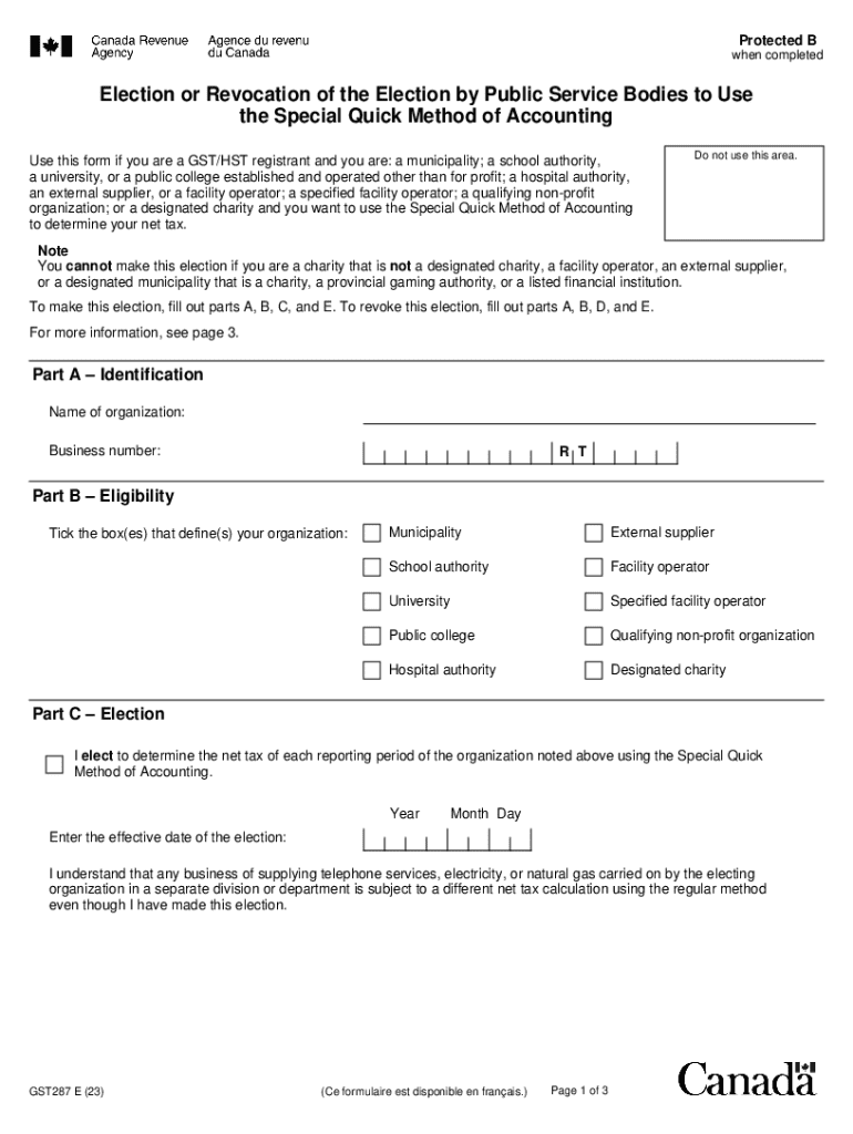 GST287 Election Form for Special Quick Method of Accounting