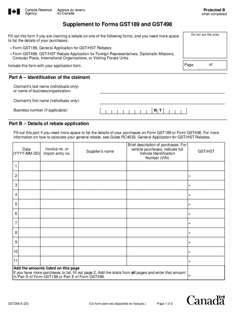 GST288 Form Supplement for GSTHST Rebate Application