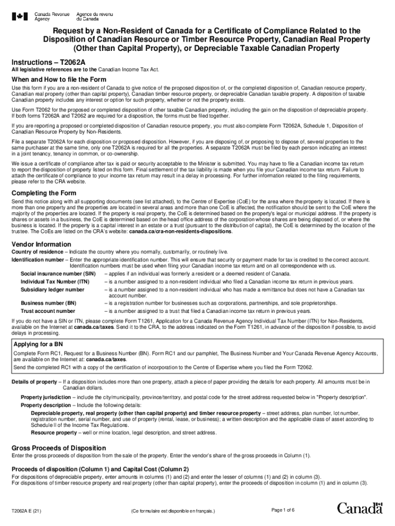 T2062A Form for Non Resident Disposition of Canadian Property