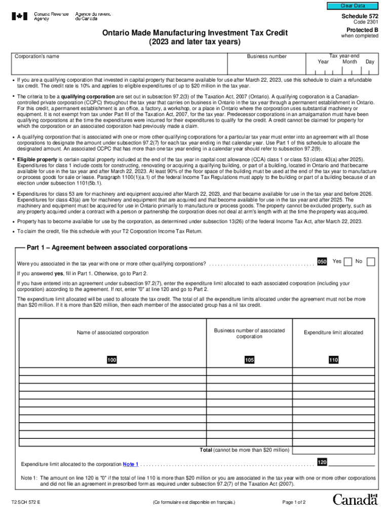 Ontario Made Manufacturing Investment Tax Credit Schedule 572  Form