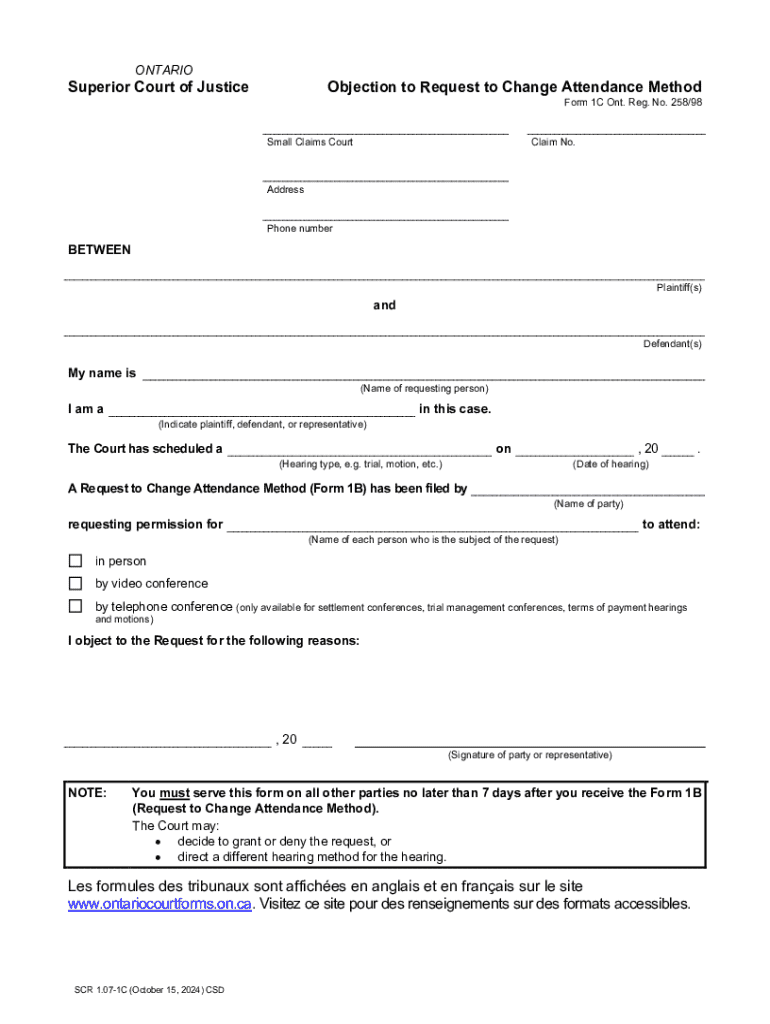 Ontario Superior Court Objection to Request to Change Attendance Method  Form