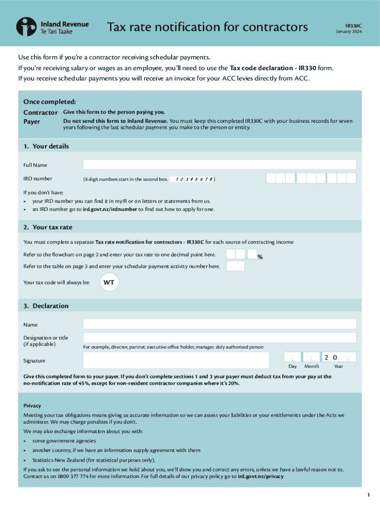 Tax Rate Notification for Contractors IR330C  Form