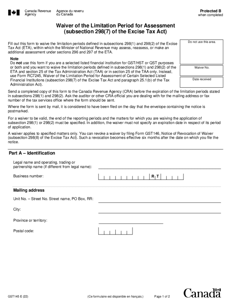 Waiver of the Limitation Period for Assessment  Form