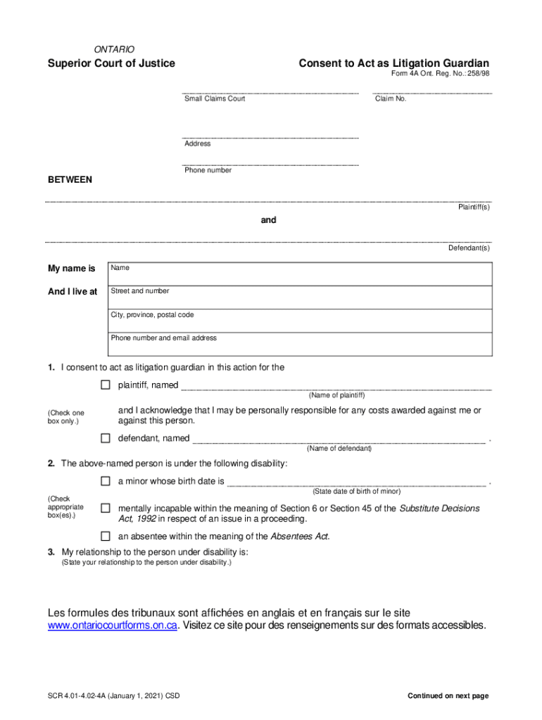 Ontario Litigation Guardian Consent Form