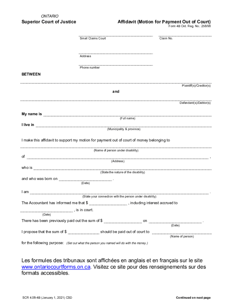 Ontario Superior Court Affidavit for Payment Out of Court  Form