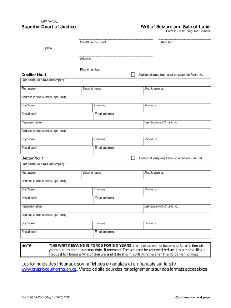 Ontario Superior Court Writ of Seizure and Sale of Land  Form