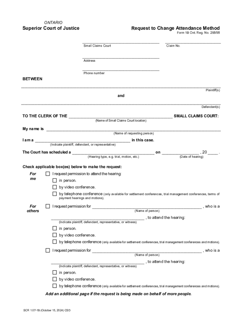 Ontario Superior Court Request to Change Attendance Method  Form