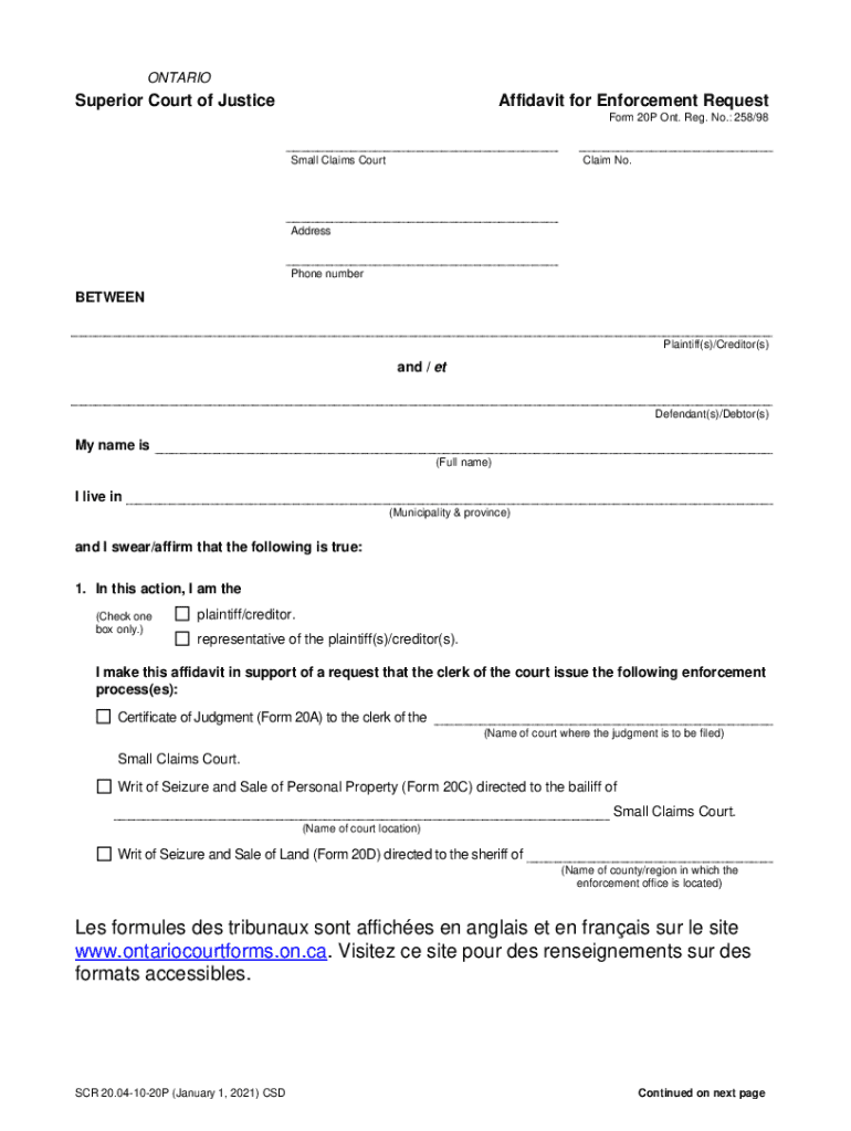 Ontario Superior Court Affidavit for Enforcement Request  Form