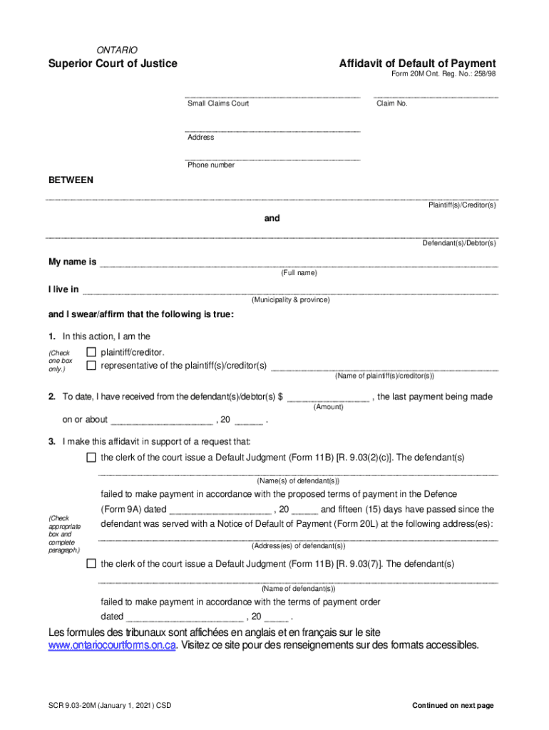 Ontario Superior Court Affidavit of Default of Payment  Form
