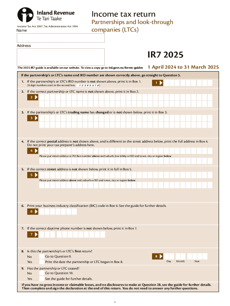 New Zealand Partnership Income Tax Return IR7  Form