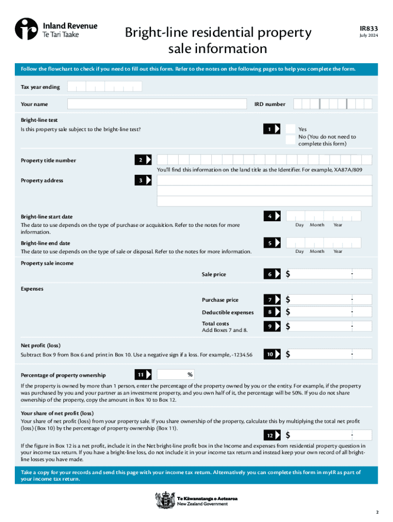 Bright Line Residential Property Sale Form IR833