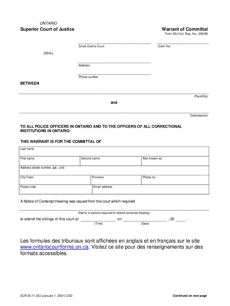 Ontario Superior Court Warrant of Committal  Form