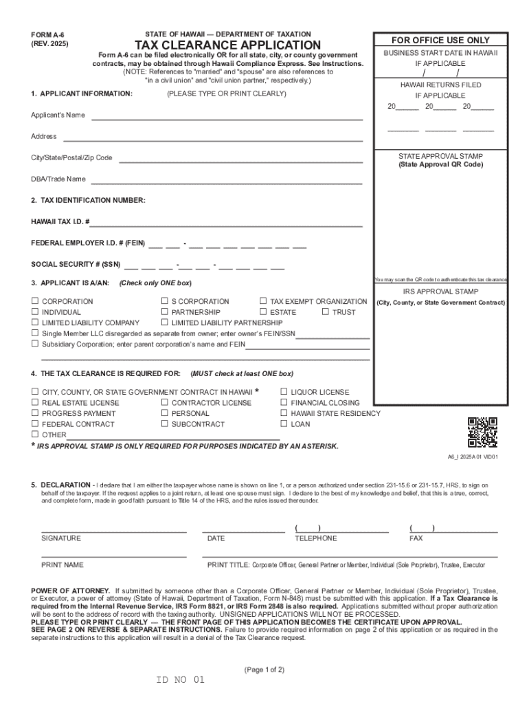 Hawaii Tax Clearance Application Form a 6
