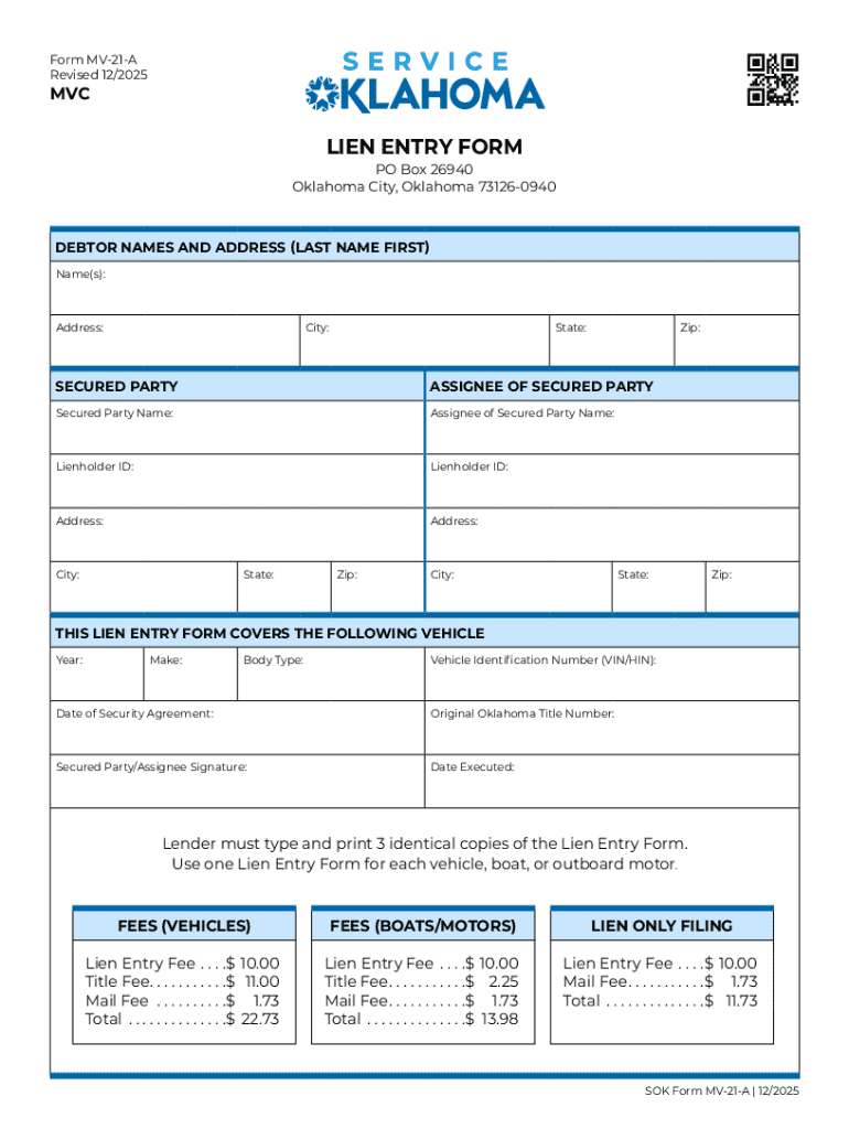 Form MV 21 a Revised 12 MVC LIEN ENTRY FORM P