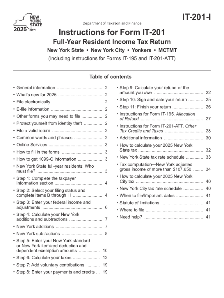 Instructions for Form it 201, Full Year Resident Income Tax Return, New York State New York City Yonkers MCTMT, Including Instru