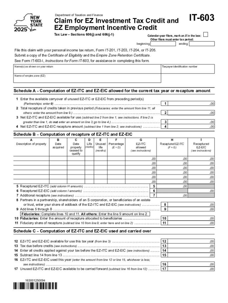 Form it 603 Claim for EZ Investment Tax Credit and EZ Employment Incentive Credit Tax Year