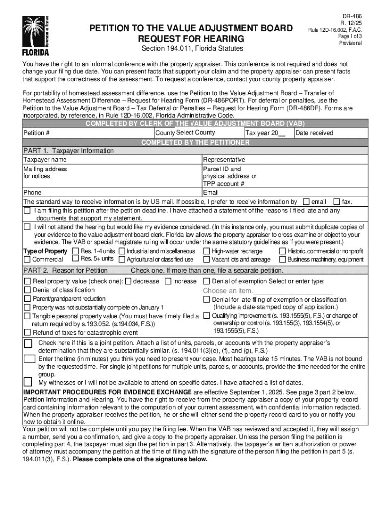 Petition to Value Adjustment Board Request for Hearing  Form