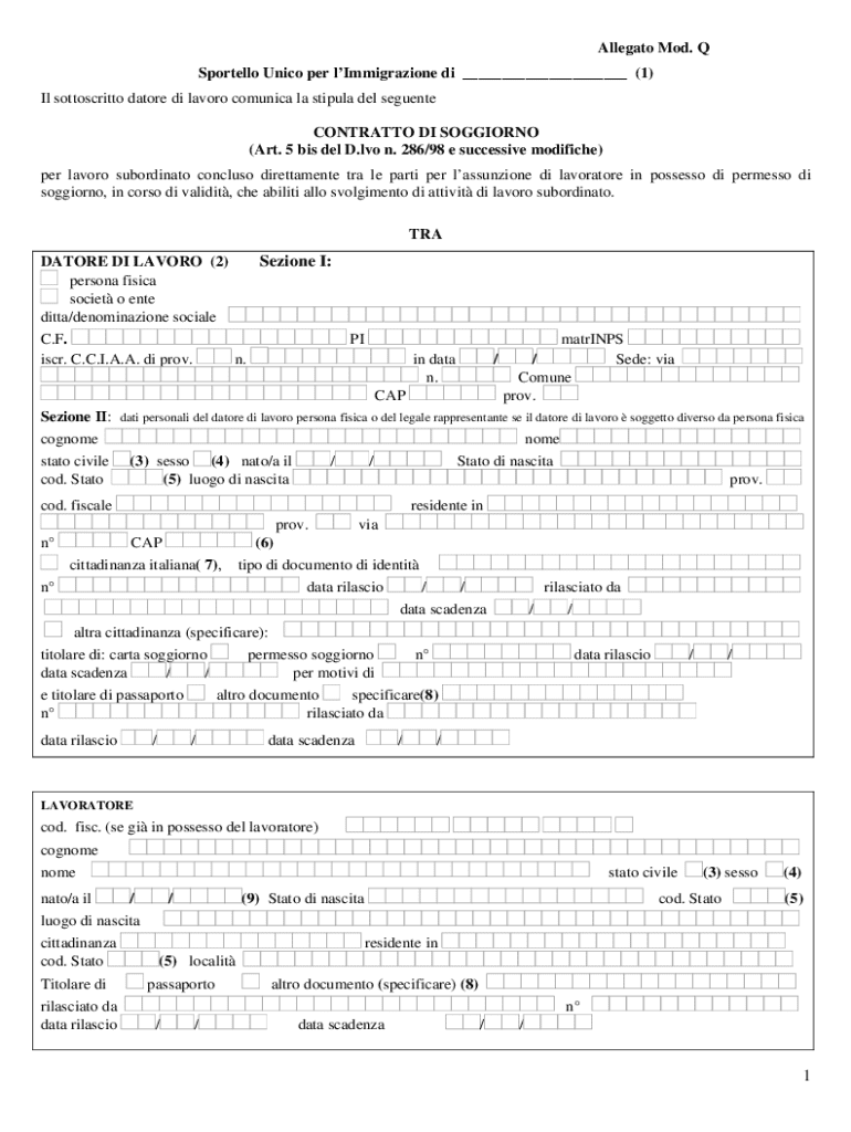 Italian Work Contract for Non EU Workers  Form