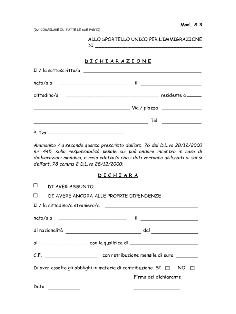 Declaration of Employment of Foreign Worker  Form