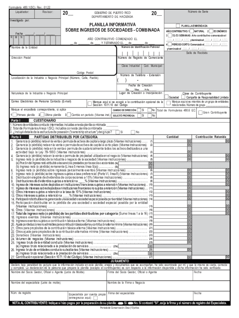 Puerto Rico Combined Corporate Income Tax Return Form 480 1SC