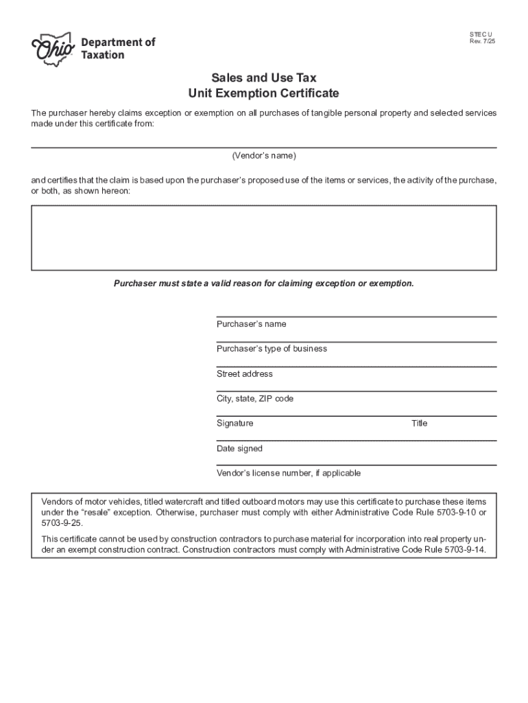 Ohio Sales and Use Tax Unit Exemption Certificate  Form