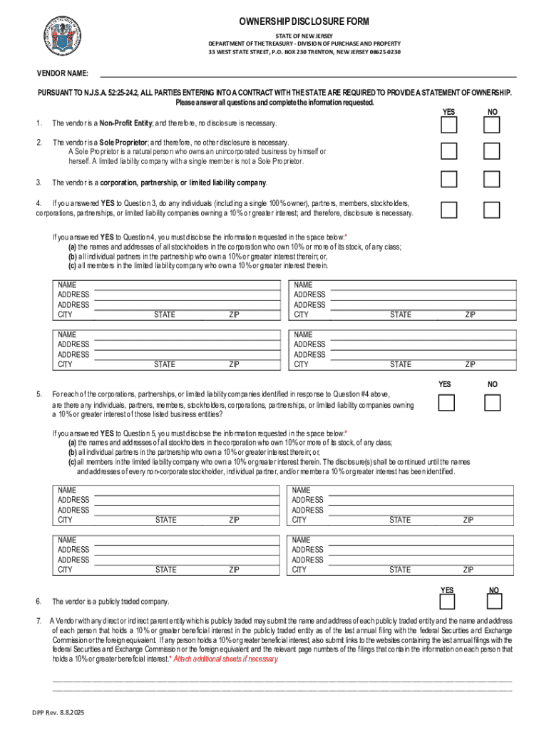 OWNERSHIP DISCLOSURE FORM STATE of NEW JERSEY DEPA