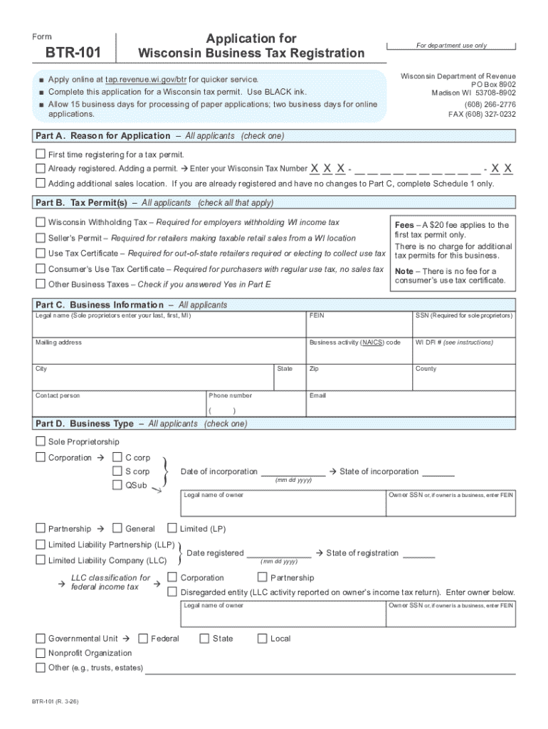 March BTR 101 Application for Wisconsin Business Tax Registration Fillable  Form