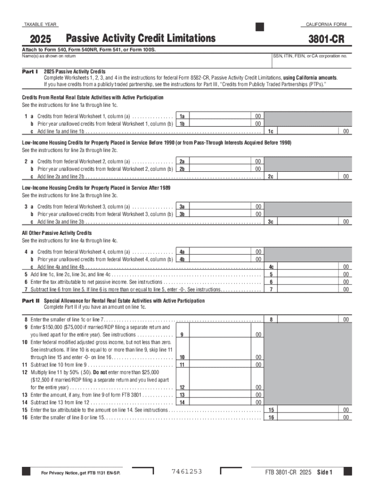 California Form 3801 CR Passive Activity Credit Limitations