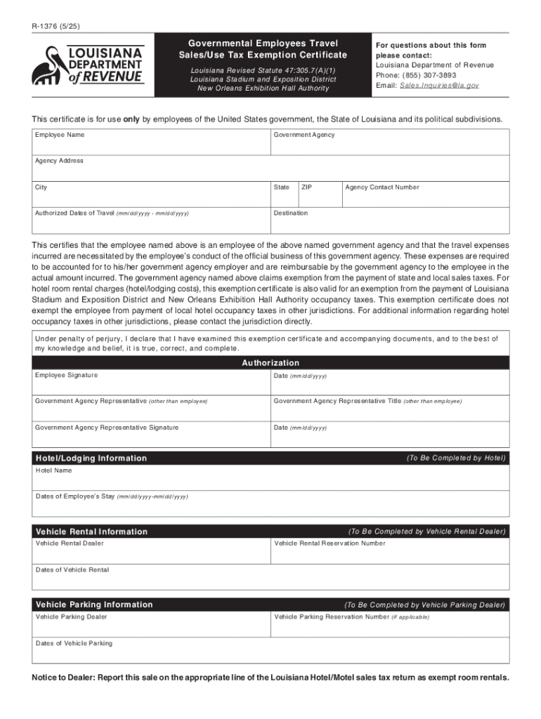 R 1376 Governmental Employees Travel SalesUse Tax Exemption Certificate  Form