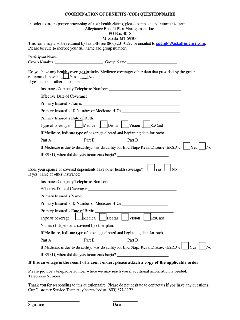 Coordination of Benefits Questionnaire  Form