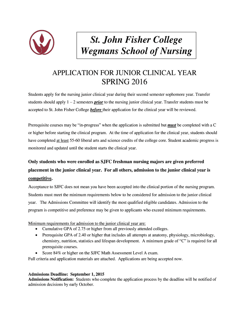Get and Sign Wegmans School of Nursing Clinical Year Application  Spring  Sjfc 2016 Form