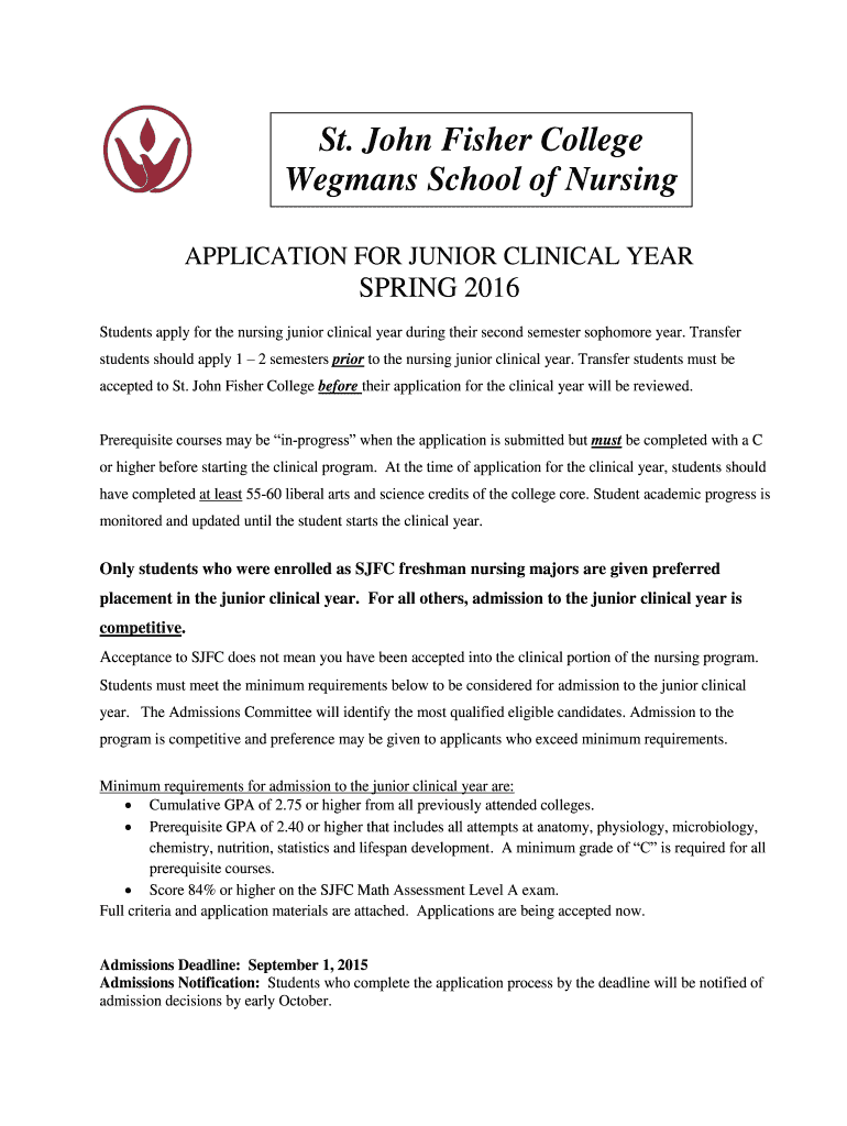  Wegmans School of Nursing Clinical Year Application  Spring  Sjfc 2016