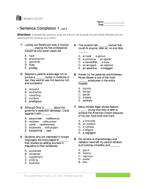 Sentence Completion 1 Answer Key  Form