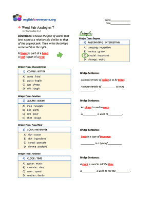 Word Pair Analogies 1 Answer Key  Form