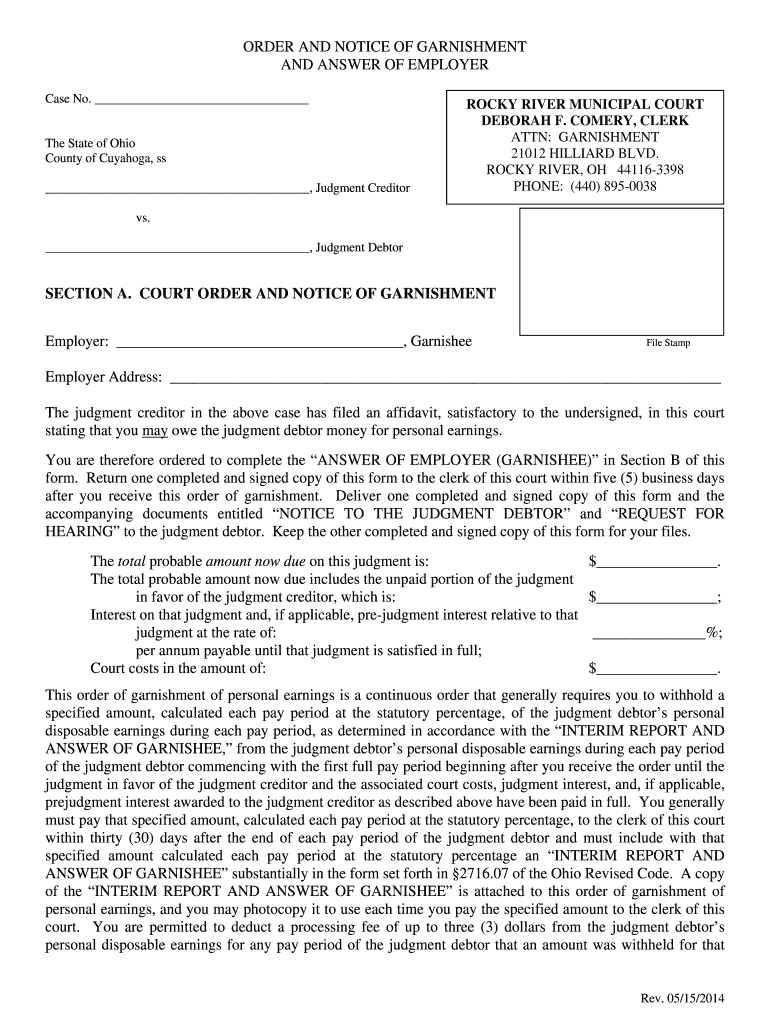  Ohio Wage Garnishment Form 2014-2024