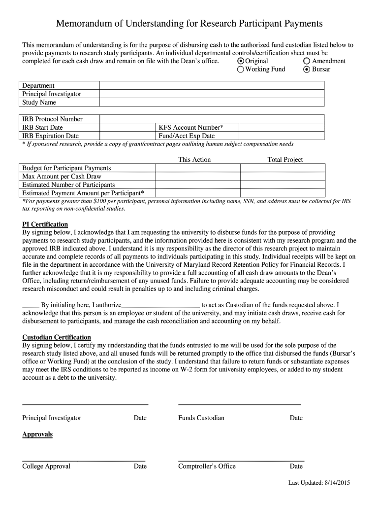  2 Research Participant Payment MOU Form University of Maryland Umresearch Umd 2015