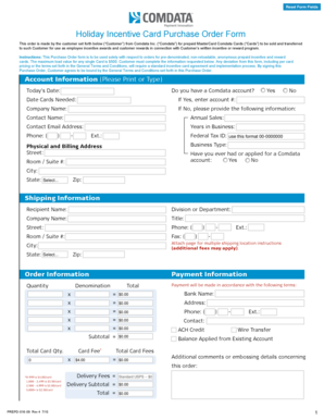 Holiday Incentive Card Purchase Order Form Comdata