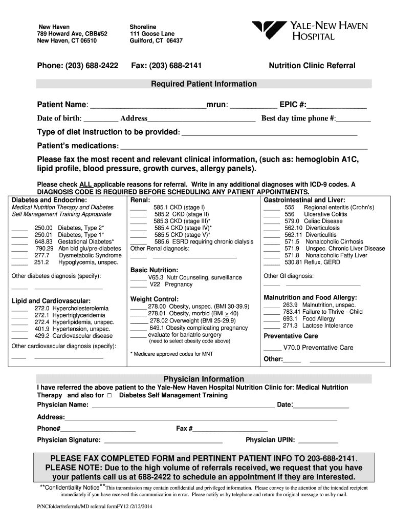 General Nutrition Counseling Referral Form PDF Yale New Haven Ynhh