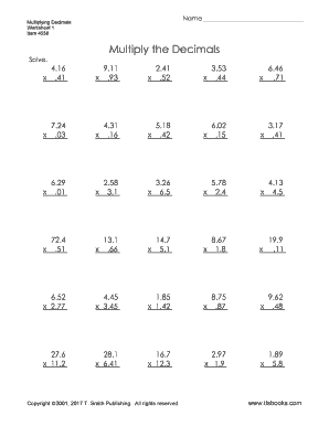 5th Grade Decimal Worksheets  Form