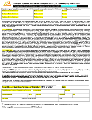 Participant Agreement, Release and Assumption of Risk the Agreement Sky Zone Houston  Form