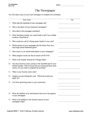 Parts of a Newspaper Worksheet  Form