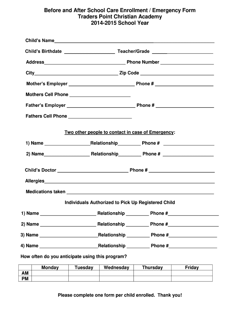 Before and After School Care Enrollment Emergency Form