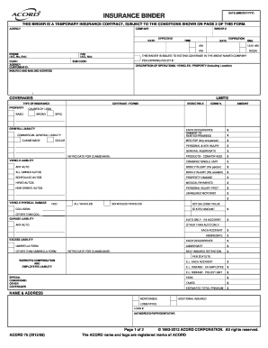 Insurance Binder  Form