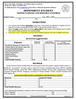  Dependent Student Monthly Expense and Resource Statement 2015