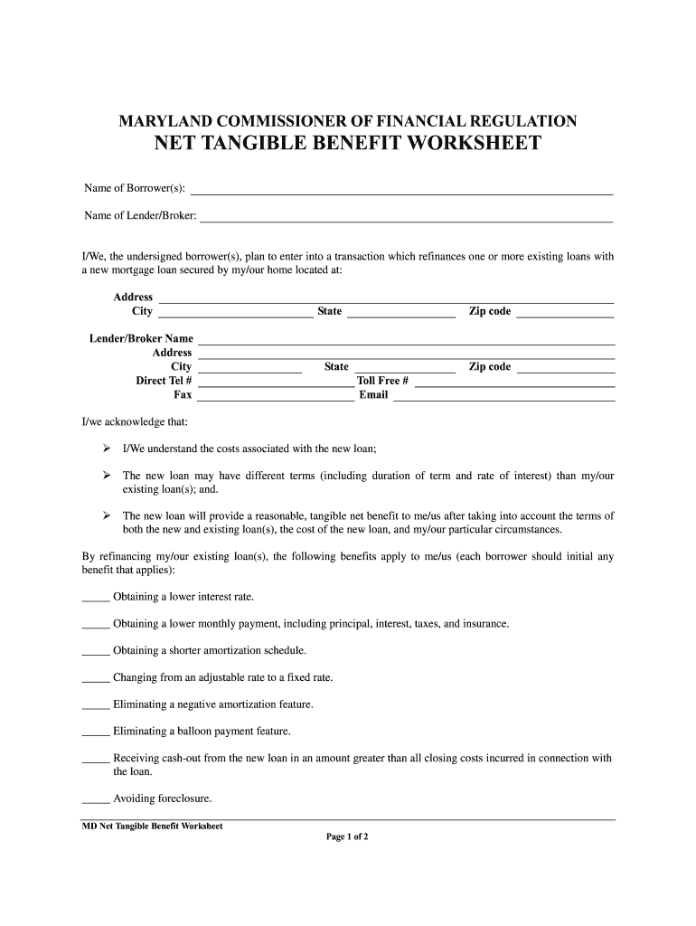 Maryland Commissioner of Financial Regulation MD Net Tangible Benefit Worksheet  Form