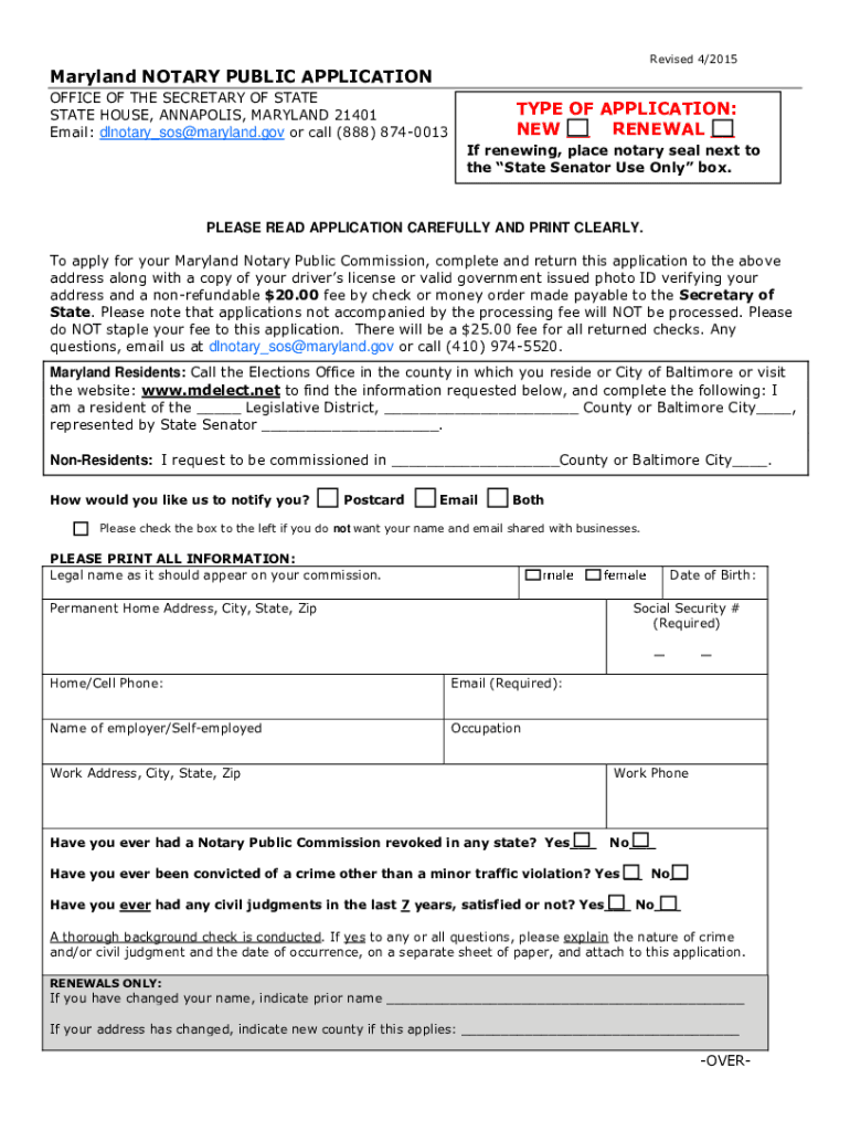  Notary Application Office of the Maryland Secretary of State 2015-2024