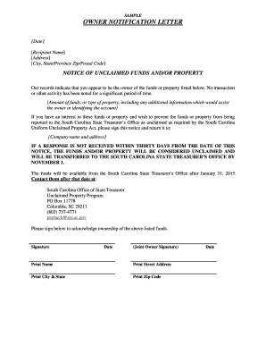 Unclaimed Property Notification Letter  Form