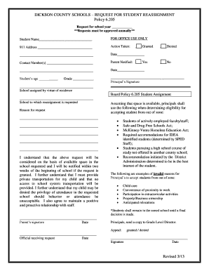 Dickson County Schools Request for Student Reassignmentpolicy 6 205 Form
