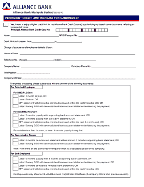 Alliance Bank Credit Card Increase Limit  Form